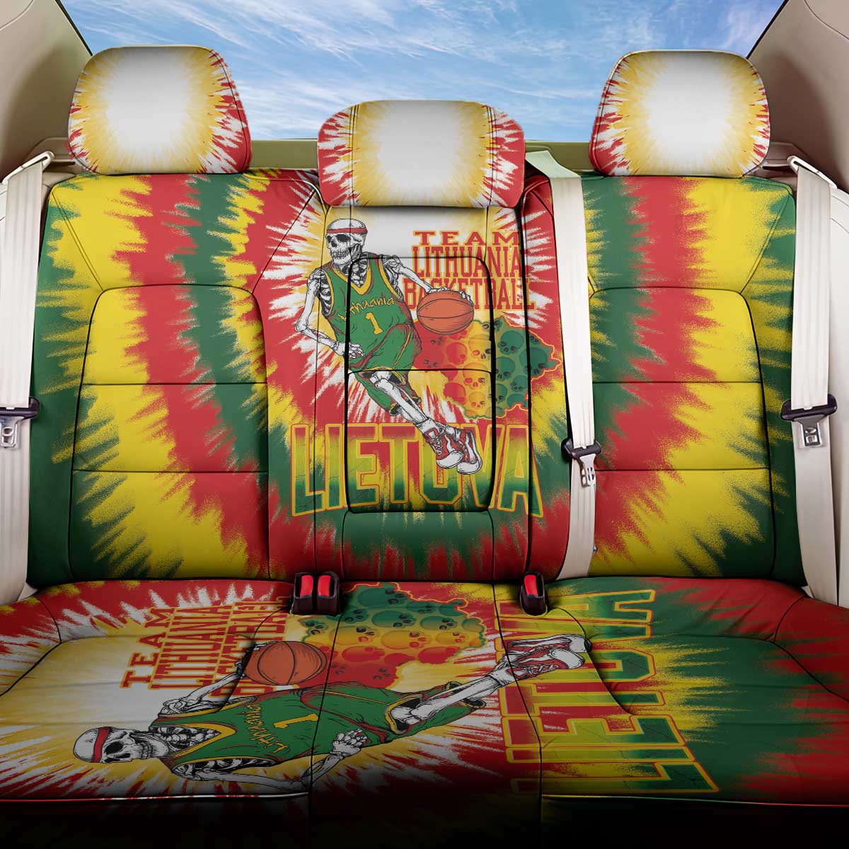Lithuania Basketball Back Car Seat Cover Champions Skeleton of The Baltic Tie Dye Style - Wonder Print Shop