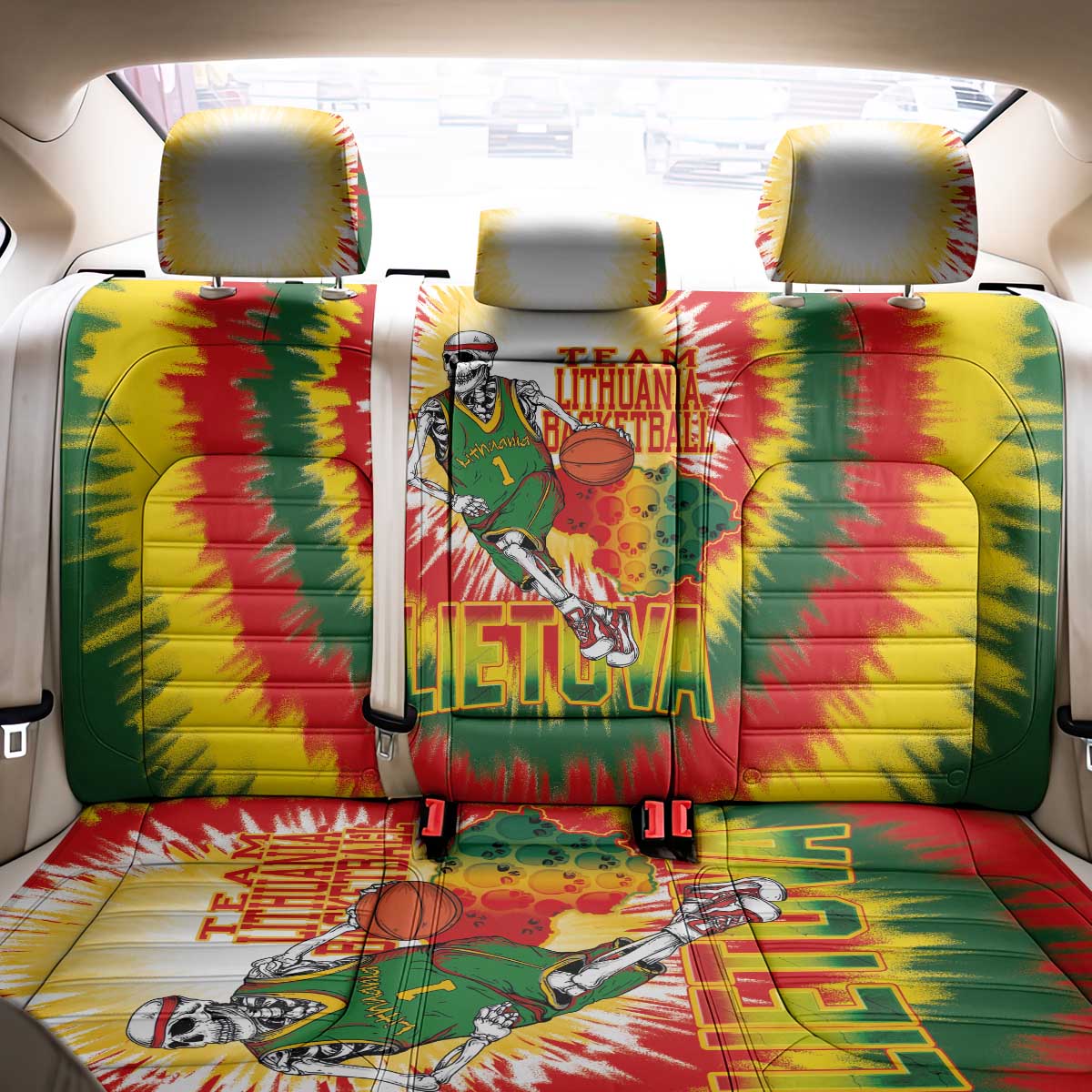 Lithuania Basketball Back Car Seat Cover Champions Skeleton of The Baltic Tie Dye Style - Wonder Print Shop