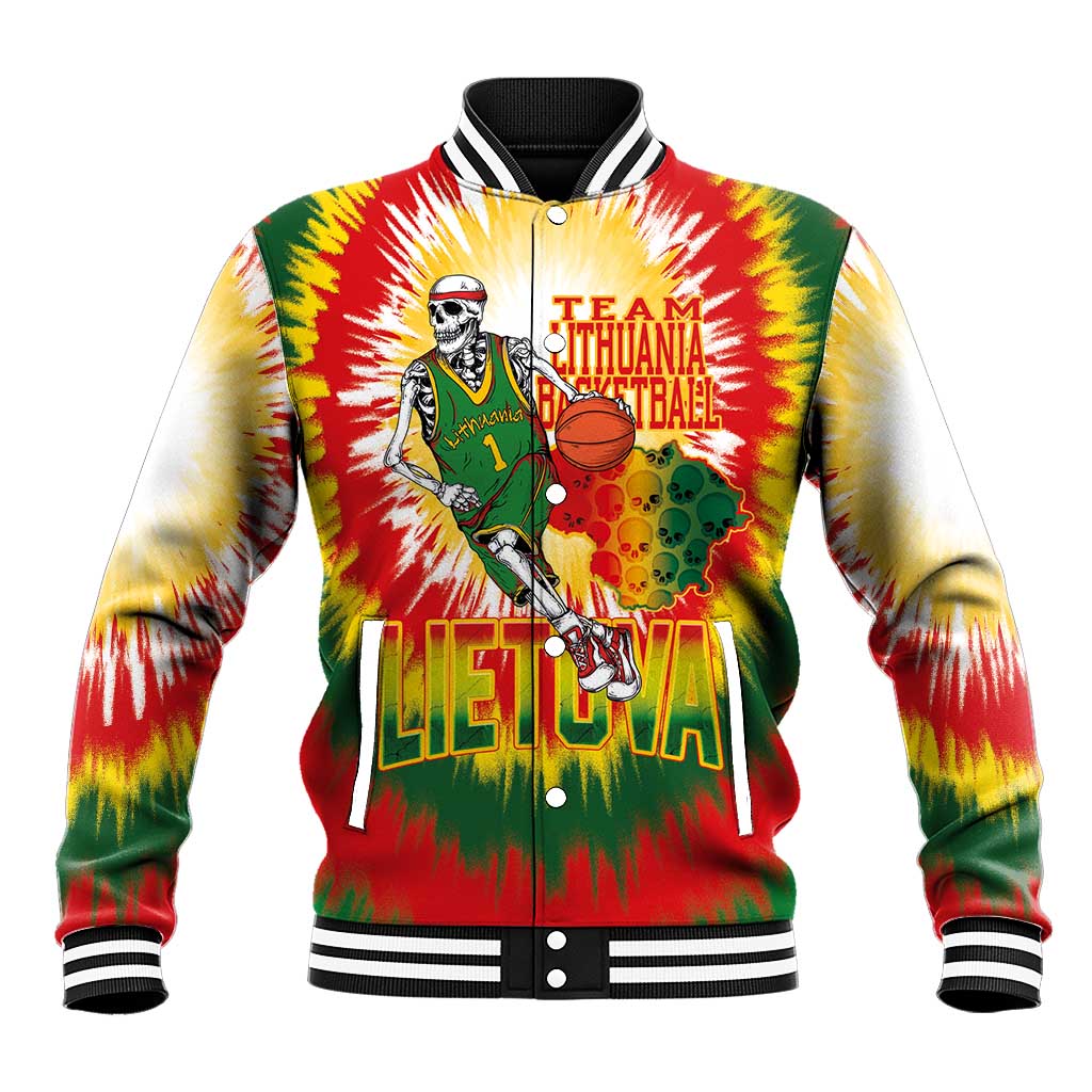 Custom Lithuania Basketball Baseball Jacket Champions Skeleton of The Baltic Tie Dye Style - Wonder Print Shop
