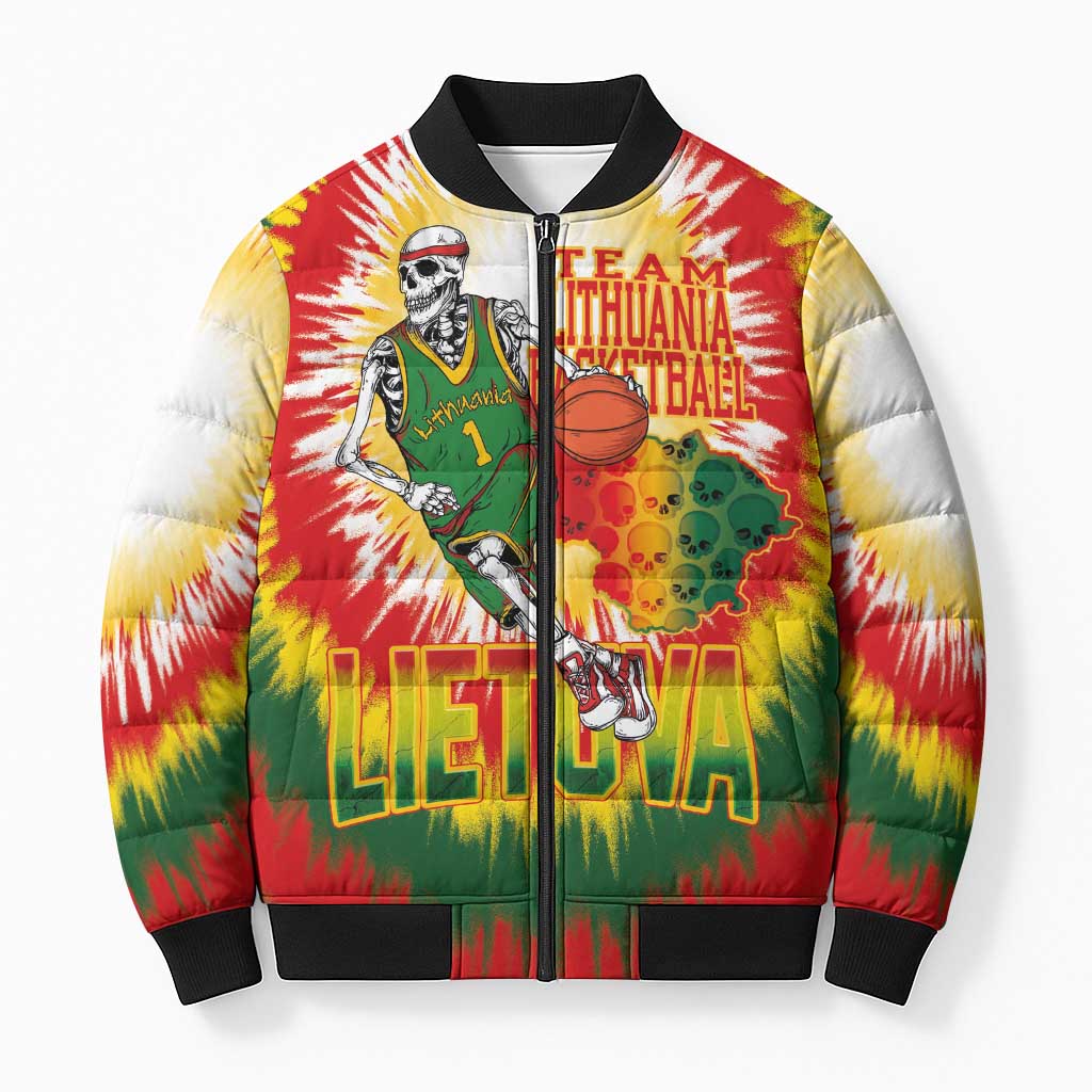 Custom Lithuania Basketball Bomber Puffer Jacket Champions Skeleton of The Baltic Tie Dye Style - Wonder Print Shop
