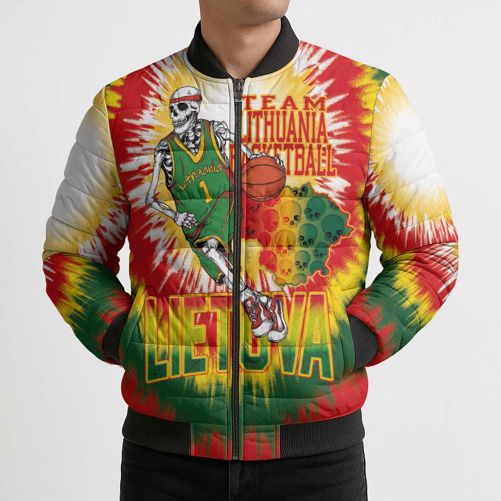 Custom Lithuania Basketball Bomber Puffer Jacket Champions Skeleton of The Baltic Tie Dye Style - Wonder Print Shop