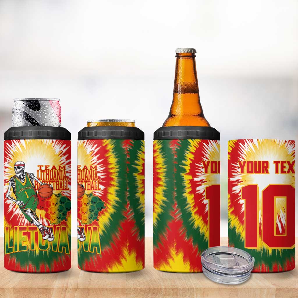 Custom Lithuania Basketball 4 in 1 Can Cooler Tumbler Champions Skeleton of The Baltic Tie Dye Style - Wonder Print Shop