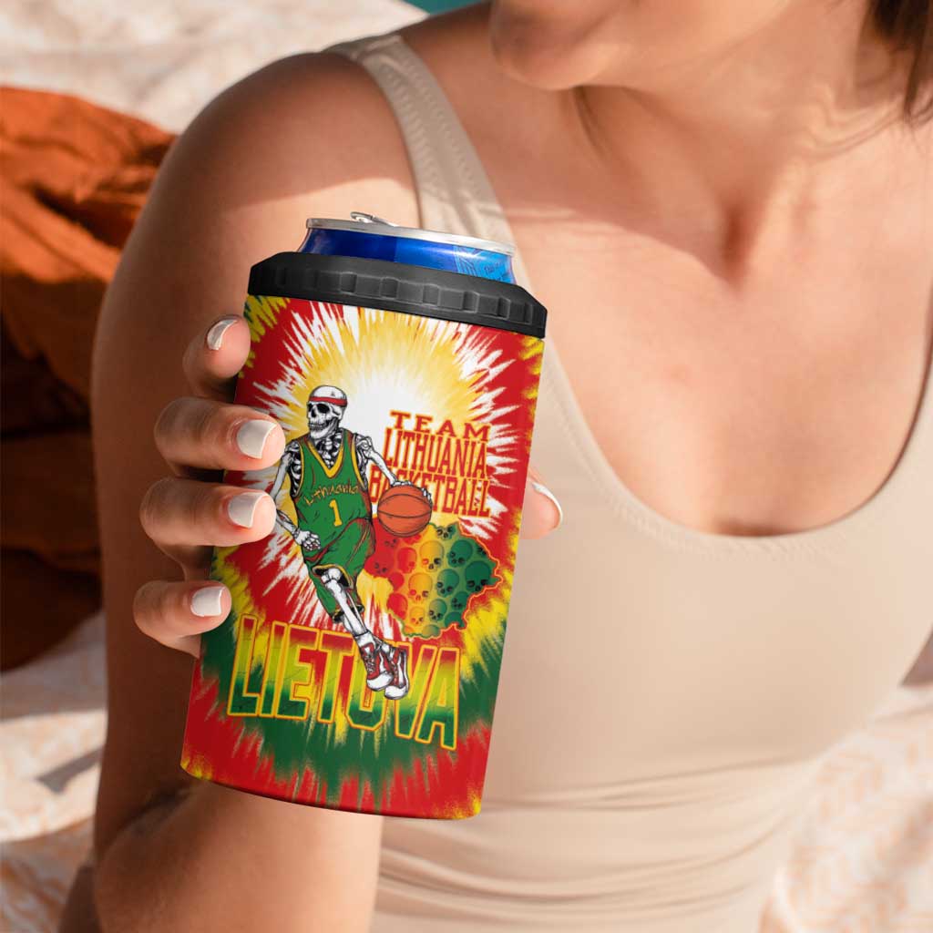 Custom Lithuania Basketball 4 in 1 Can Cooler Tumbler Champions Skeleton of The Baltic Tie Dye Style - Wonder Print Shop
