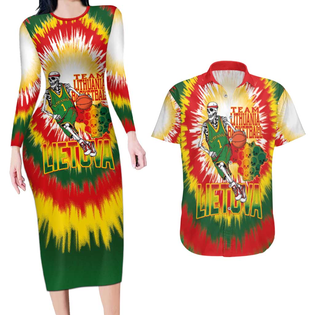 Custom Lithuania Basketball Couples Matching Long Sleeve Bodycon Dress and Hawaiian Shirt Champions Skeleton of The Baltic Tie Dye Style - Wonder Print Shop