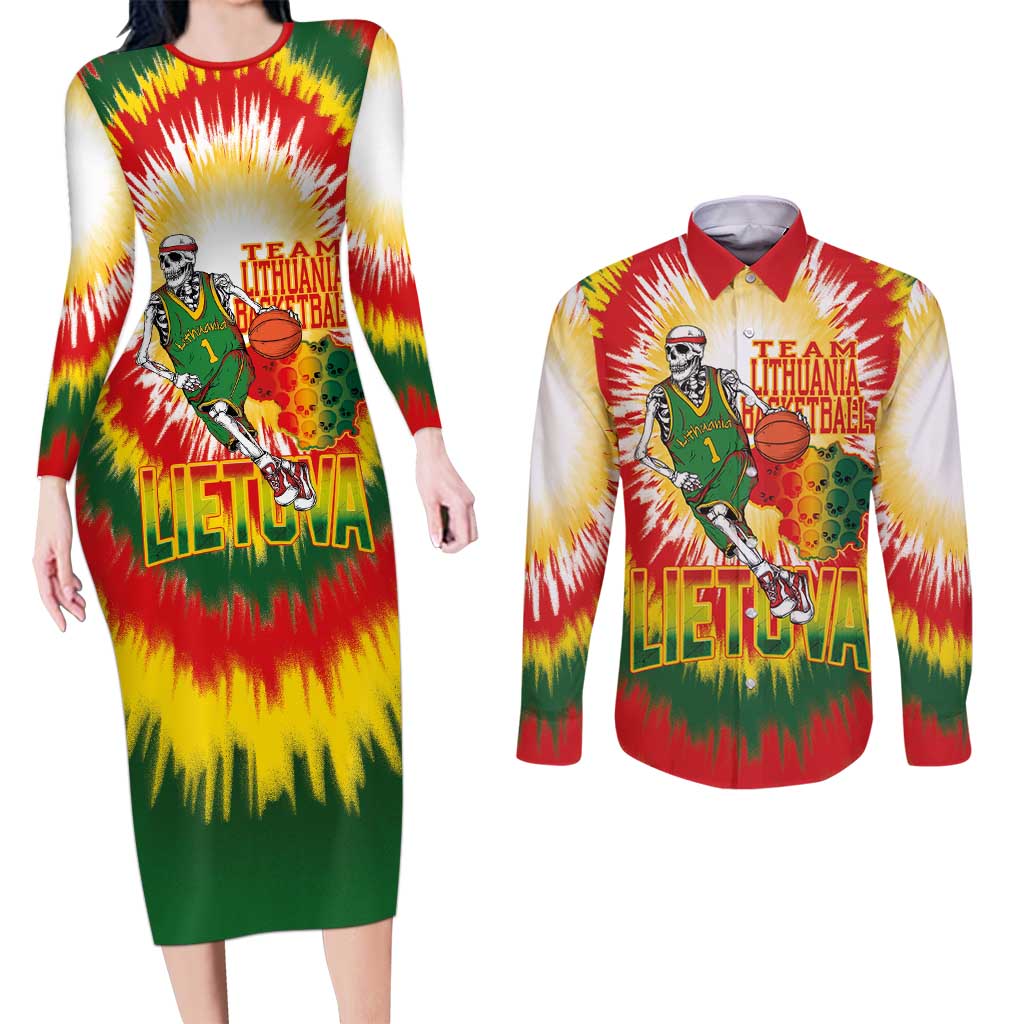 Custom Lithuania Basketball Couples Matching Long Sleeve Bodycon Dress and Long Sleeve Button Shirt Champions Skeleton of The Baltic Tie Dye Style - Wonder Print Shop