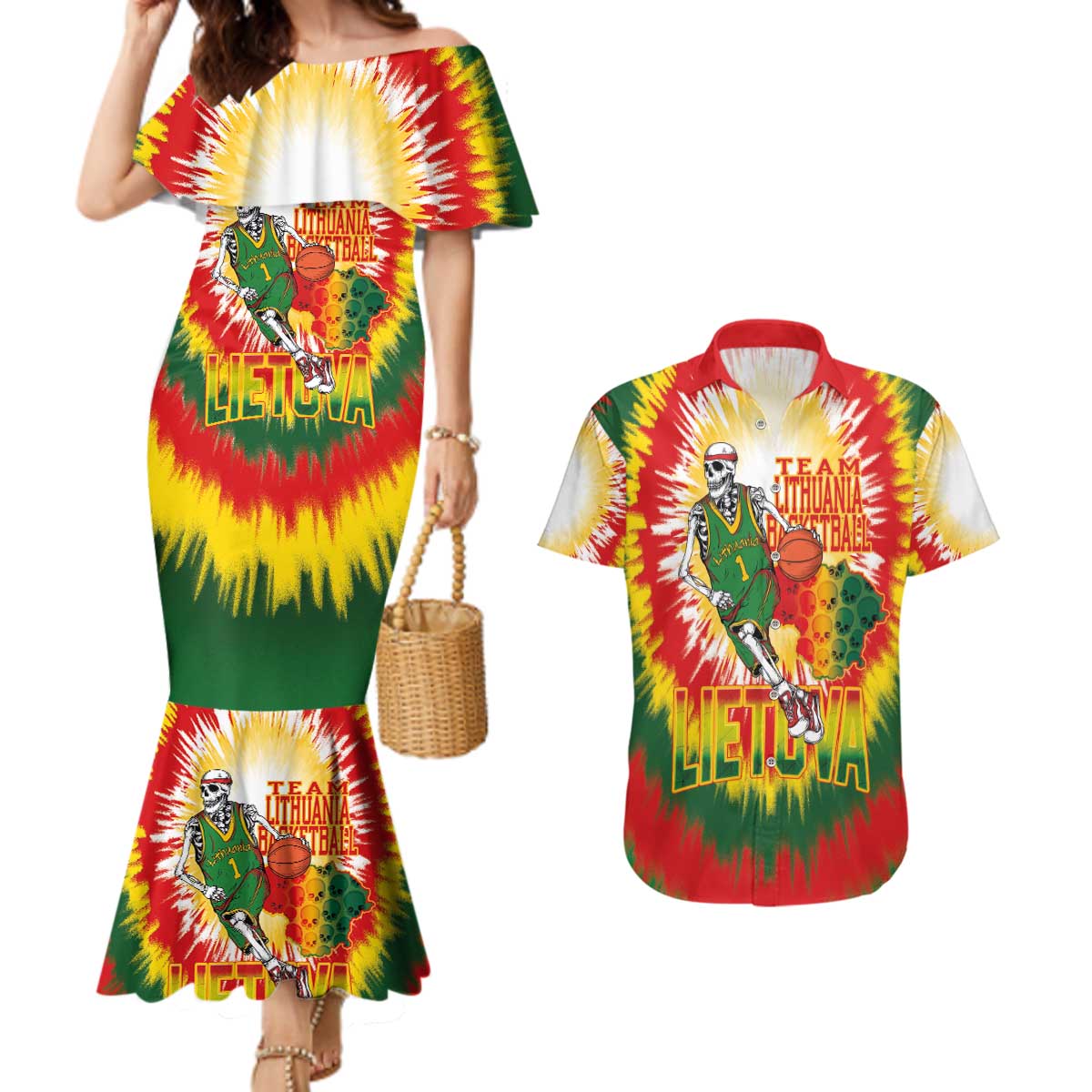 Custom Lithuania Basketball Couples Matching Mermaid Dress and Hawaiian Shirt Champions Skeleton of The Baltic Tie Dye Style - Wonder Print Shop
