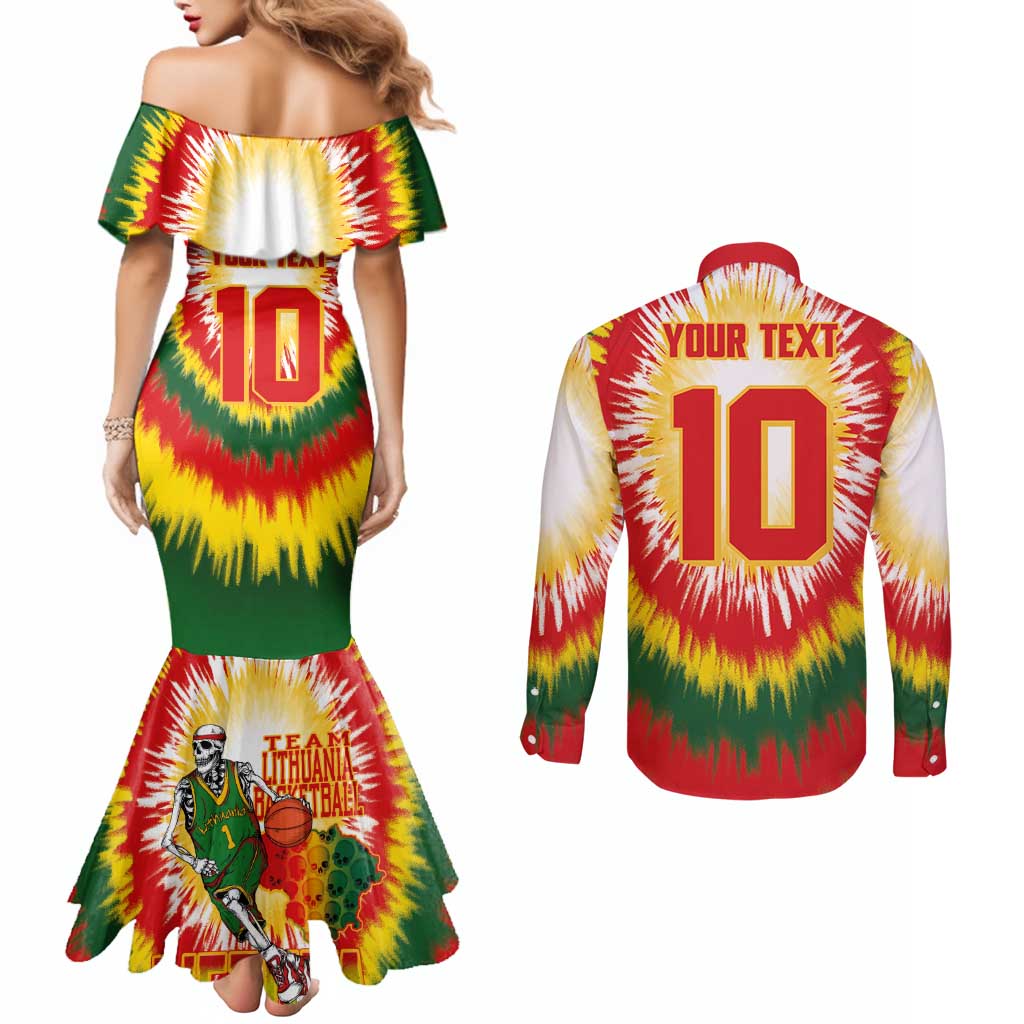Custom Lithuania Basketball Couples Matching Mermaid Dress and Long Sleeve Button Shirt Champions Skeleton of The Baltic Tie Dye Style - Wonder Print Shop