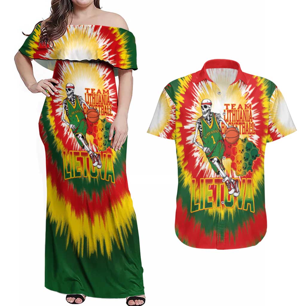 Custom Lithuania Basketball Couples Matching Off Shoulder Maxi Dress and Hawaiian Shirt Champions Skeleton of The Baltic Tie Dye Style - Wonder Print Shop