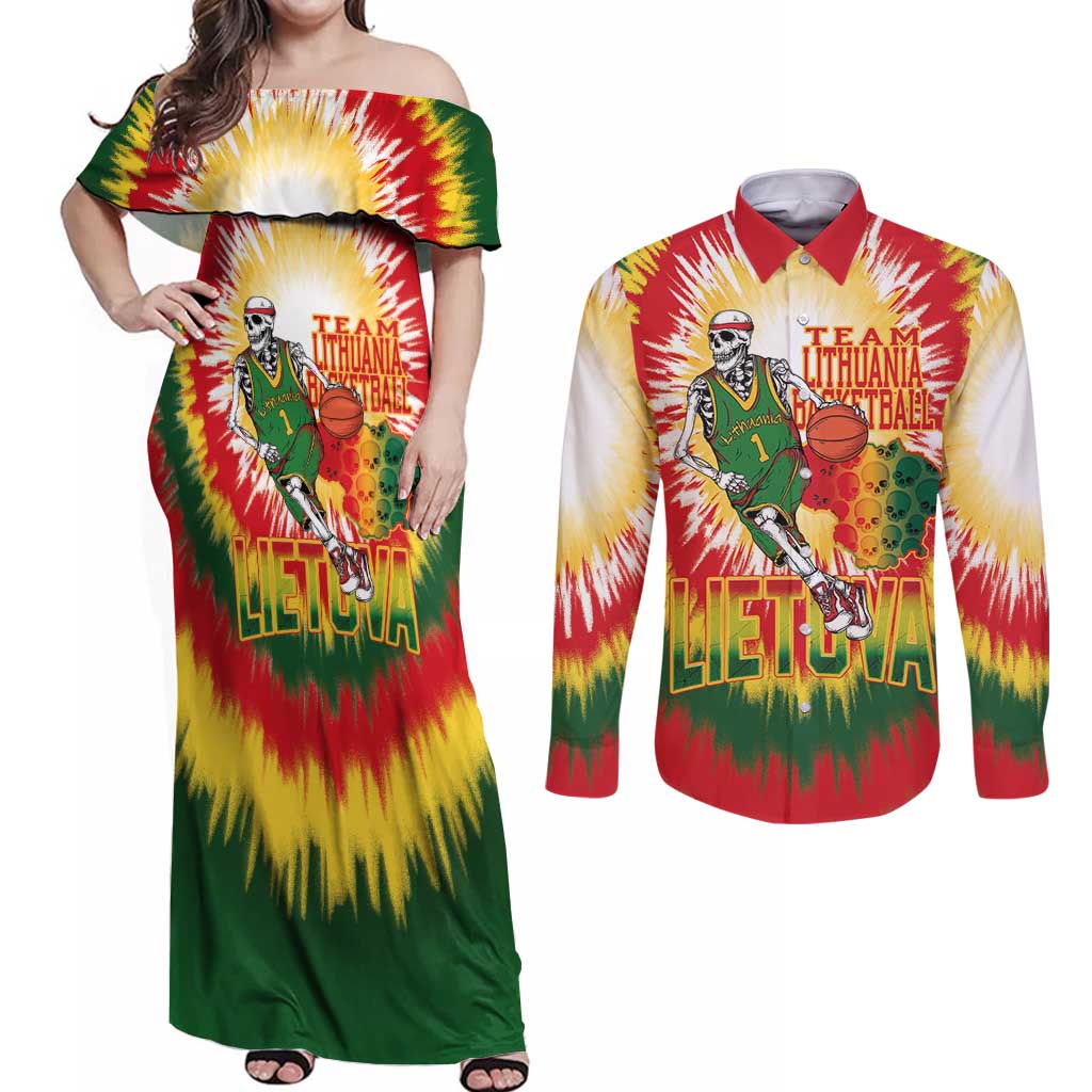 Custom Lithuania Basketball Couples Matching Off Shoulder Maxi Dress and Long Sleeve Button Shirt Champions Skeleton of The Baltic Tie Dye Style - Wonder Print Shop