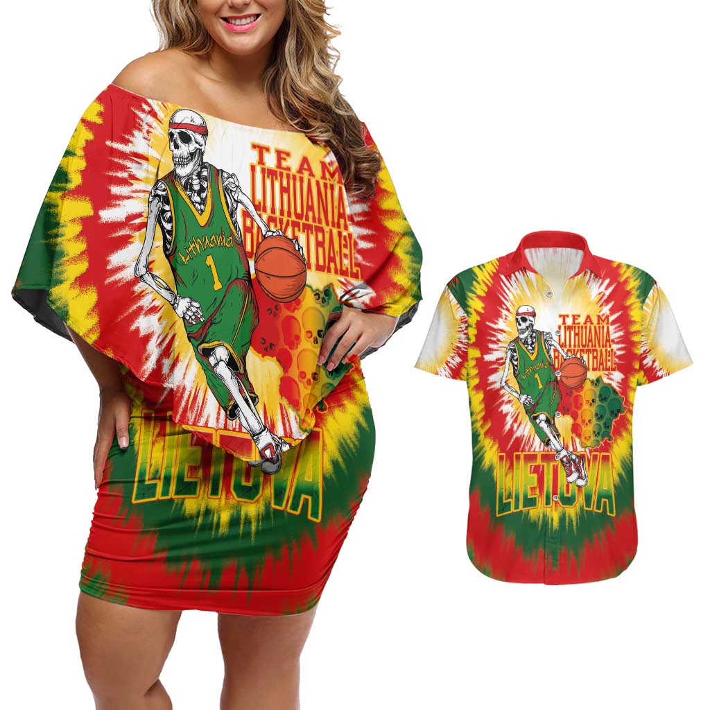 Custom Lithuania Basketball Couples Matching Off Shoulder Short Dress and Hawaiian Shirt Champions Skeleton of The Baltic Tie Dye Style - Wonder Print Shop