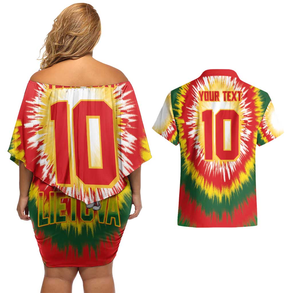 Custom Lithuania Basketball Couples Matching Off Shoulder Short Dress and Hawaiian Shirt Champions Skeleton of The Baltic Tie Dye Style - Wonder Print Shop