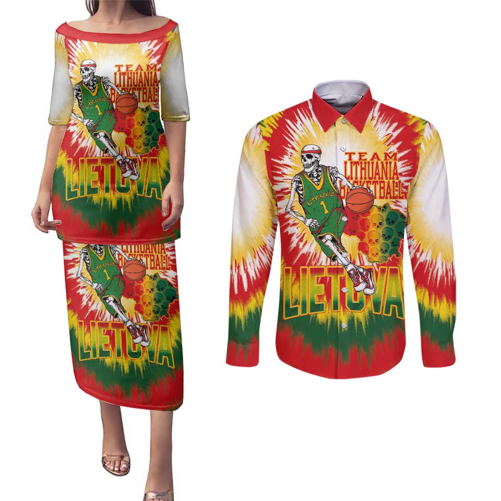 Custom Lithuania Basketball Couples Matching Puletasi and Long Sleeve Button Shirt Champions Skeleton of The Baltic Tie Dye Style - Wonder Print Shop