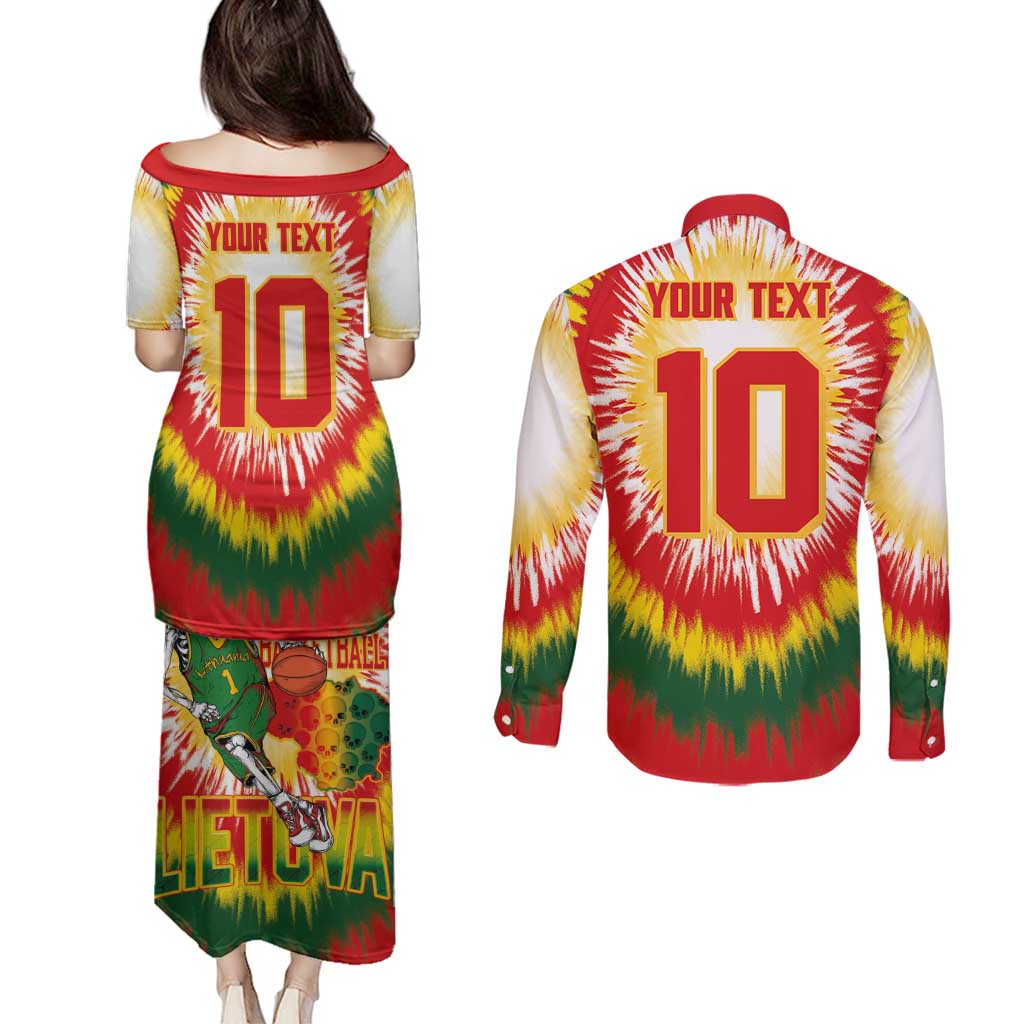 Custom Lithuania Basketball Couples Matching Puletasi and Long Sleeve Button Shirt Champions Skeleton of The Baltic Tie Dye Style - Wonder Print Shop