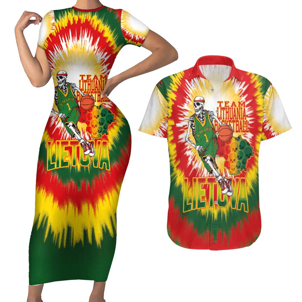 Custom Lithuania Basketball Couples Matching Short Sleeve Bodycon Dress and Hawaiian Shirt Champions Skeleton of The Baltic Tie Dye Style - Wonder Print Shop