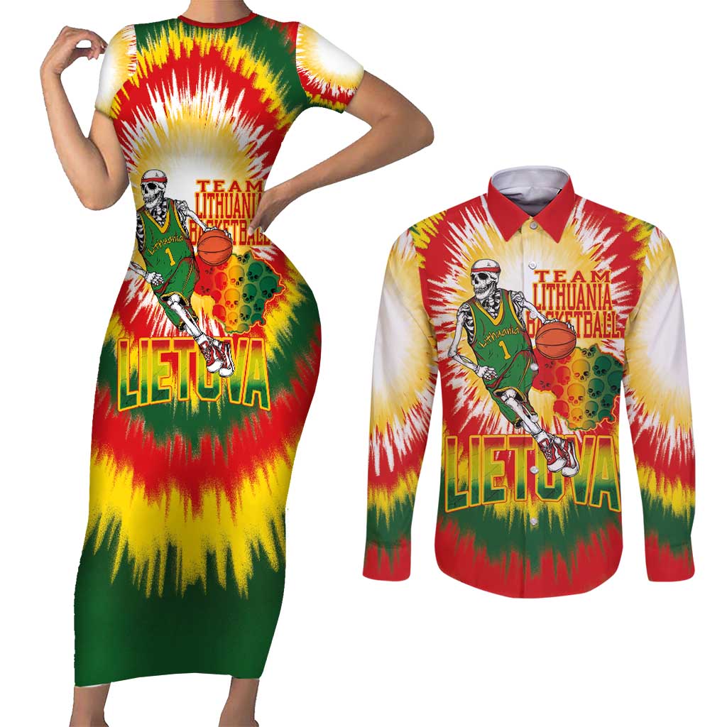Custom Lithuania Basketball Couples Matching Short Sleeve Bodycon Dress and Long Sleeve Button Shirt Champions Skeleton of The Baltic Tie Dye Style - Wonder Print Shop