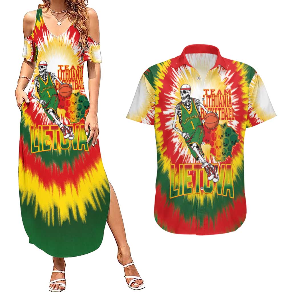Custom Lithuania Basketball Couples Matching Summer Maxi Dress and Hawaiian Shirt Champions Skeleton of The Baltic Tie Dye Style - Wonder Print Shop