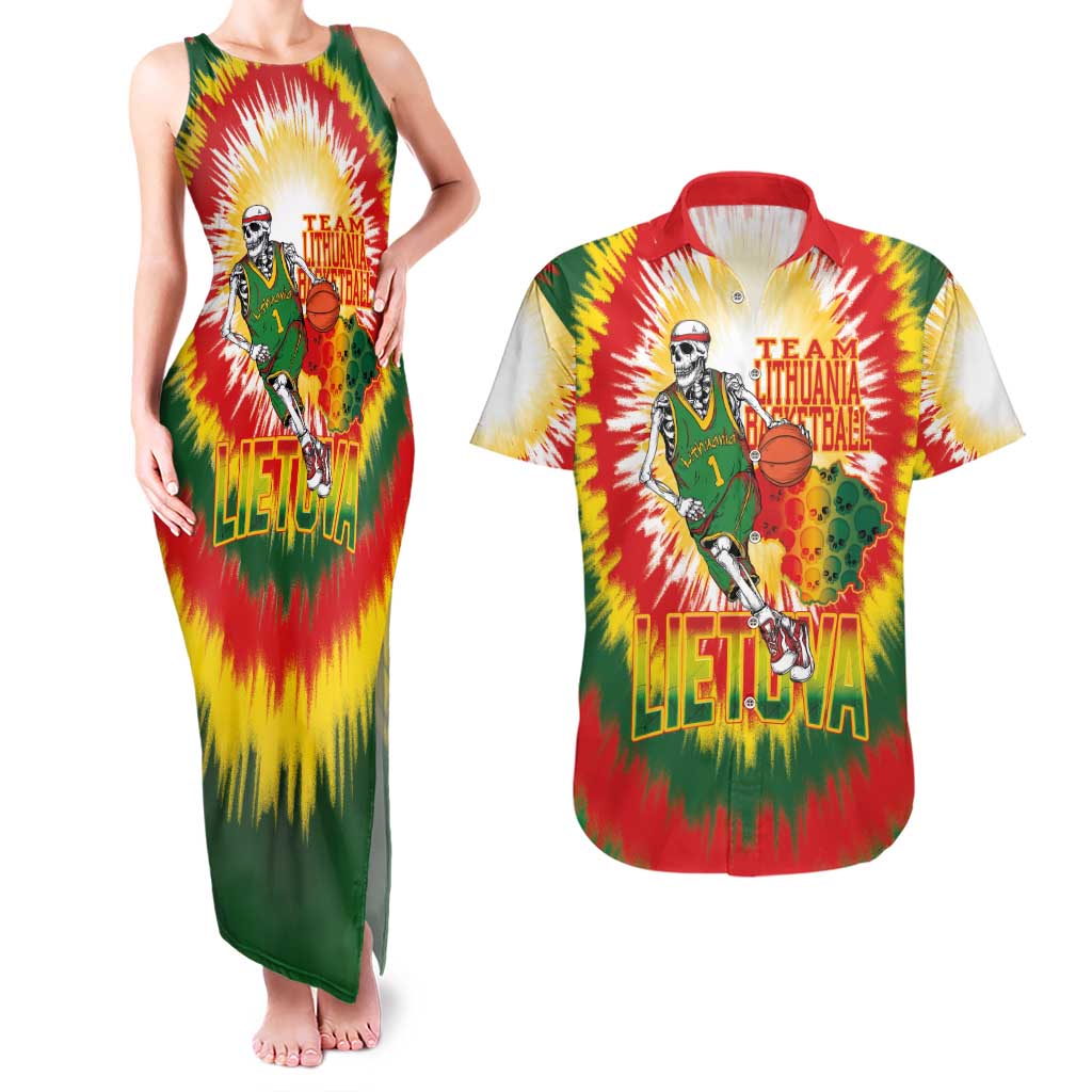 Custom Lithuania Basketball Couples Matching Tank Maxi Dress and Hawaiian Shirt Champions Skeleton of The Baltic Tie Dye Style - Wonder Print Shop