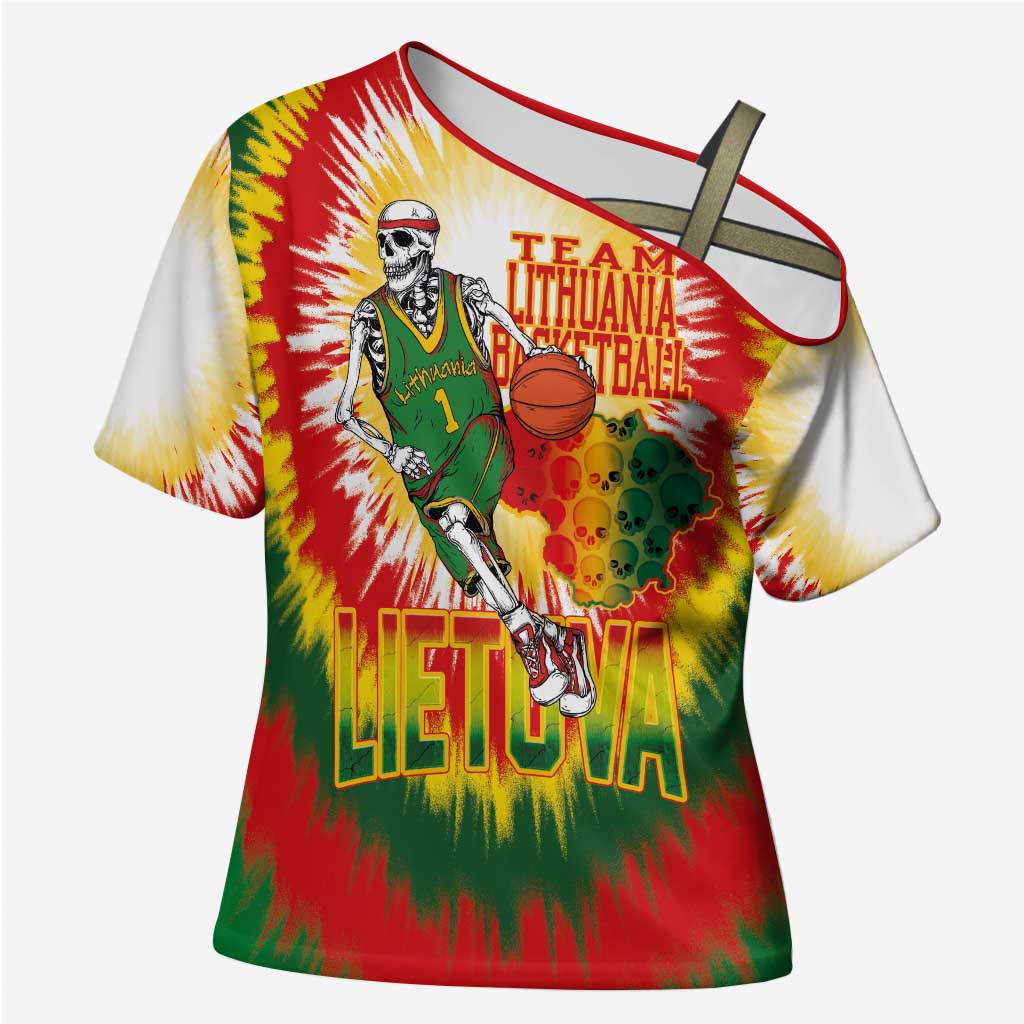 Custom Lithuania Basketball Cross Shoulder Shirt Champions Skeleton of The Baltic Tie Dye Style - Wonder Print Shop