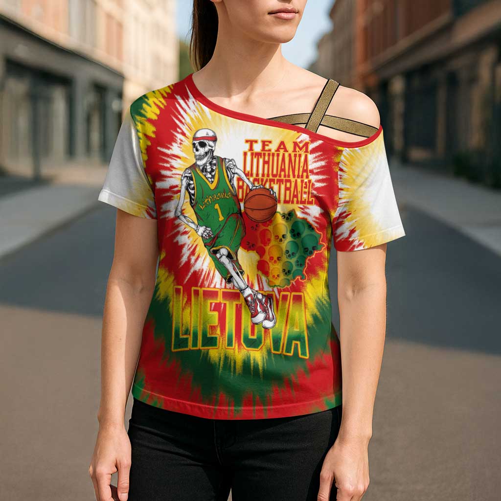 Custom Lithuania Basketball Cross Shoulder Shirt Champions Skeleton of The Baltic Tie Dye Style - Wonder Print Shop