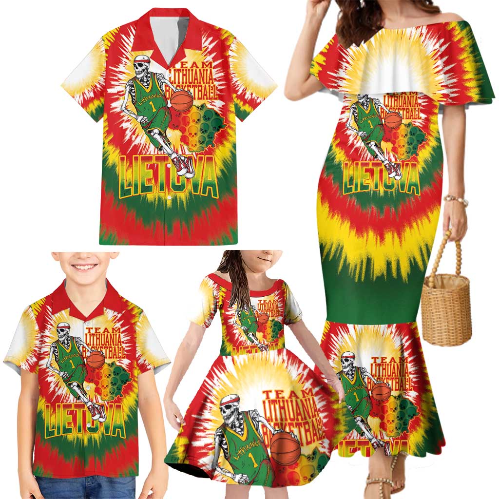 Custom Lithuania Basketball Family Matching Mermaid Dress and Hawaiian Shirt Champions Skeleton of The Baltic Tie Dye Style - Wonder Print Shop