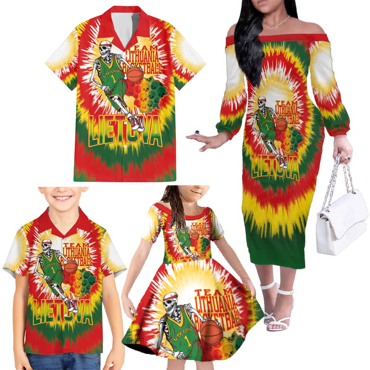 Custom Lithuania Basketball Family Matching Off The Shoulder Long Sleeve Dress and Hawaiian Shirt Champions Skeleton of The Baltic Tie Dye Style - Wonder Print Shop