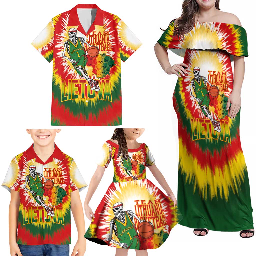 Custom Lithuania Basketball Family Matching Off Shoulder Maxi Dress and Hawaiian Shirt Champions Skeleton of The Baltic Tie Dye Style - Wonder Print Shop