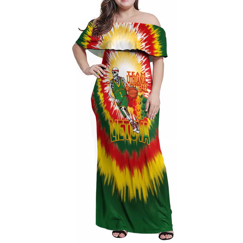 Custom Lithuania Basketball Family Matching Off Shoulder Maxi Dress and Hawaiian Shirt Champions Skeleton of The Baltic Tie Dye Style - Wonder Print Shop