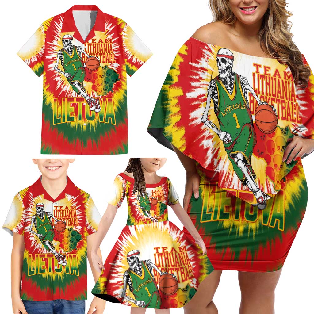 Custom Lithuania Basketball Family Matching Off Shoulder Short Dress and Hawaiian Shirt Champions Skeleton of The Baltic Tie Dye Style - Wonder Print Shop