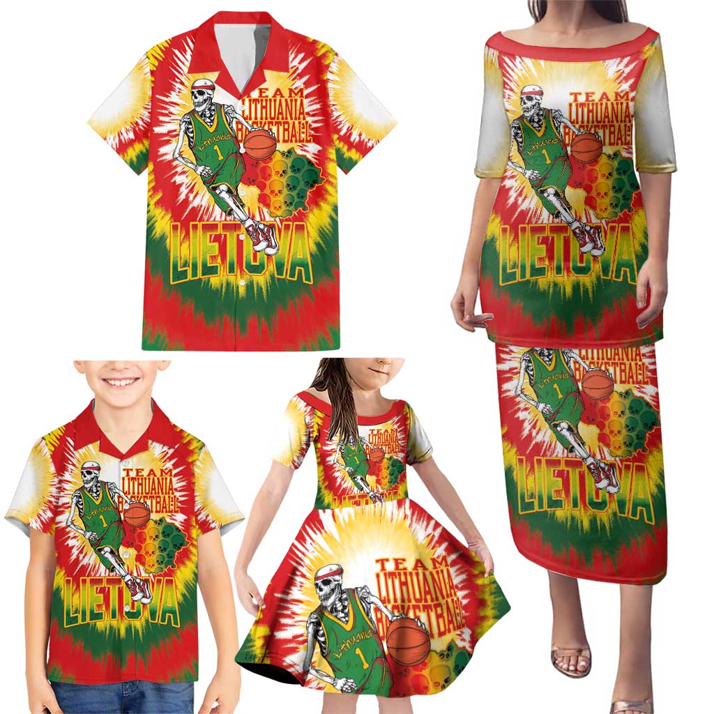 Custom Lithuania Basketball Family Matching Puletasi and Hawaiian Shirt Champions Skeleton of The Baltic Tie Dye Style - Wonder Print Shop