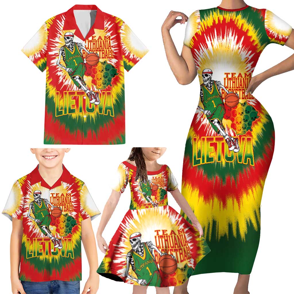 Custom Lithuania Basketball Family Matching Short Sleeve Bodycon Dress and Hawaiian Shirt Champions Skeleton of The Baltic Tie Dye Style - Wonder Print Shop