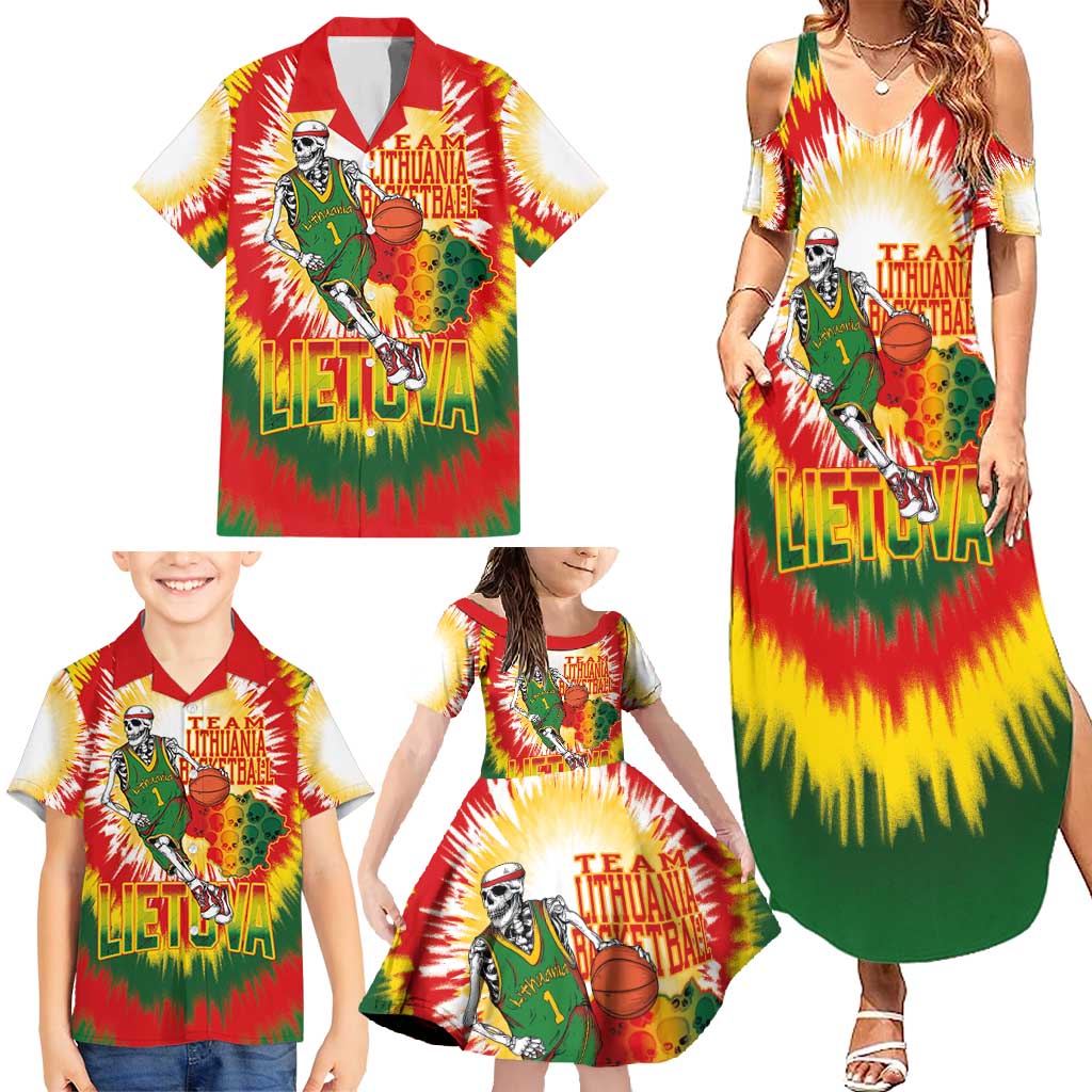 Custom Lithuania Basketball Family Matching Summer Maxi Dress and Hawaiian Shirt Champions Skeleton of The Baltic Tie Dye Style - Wonder Print Shop