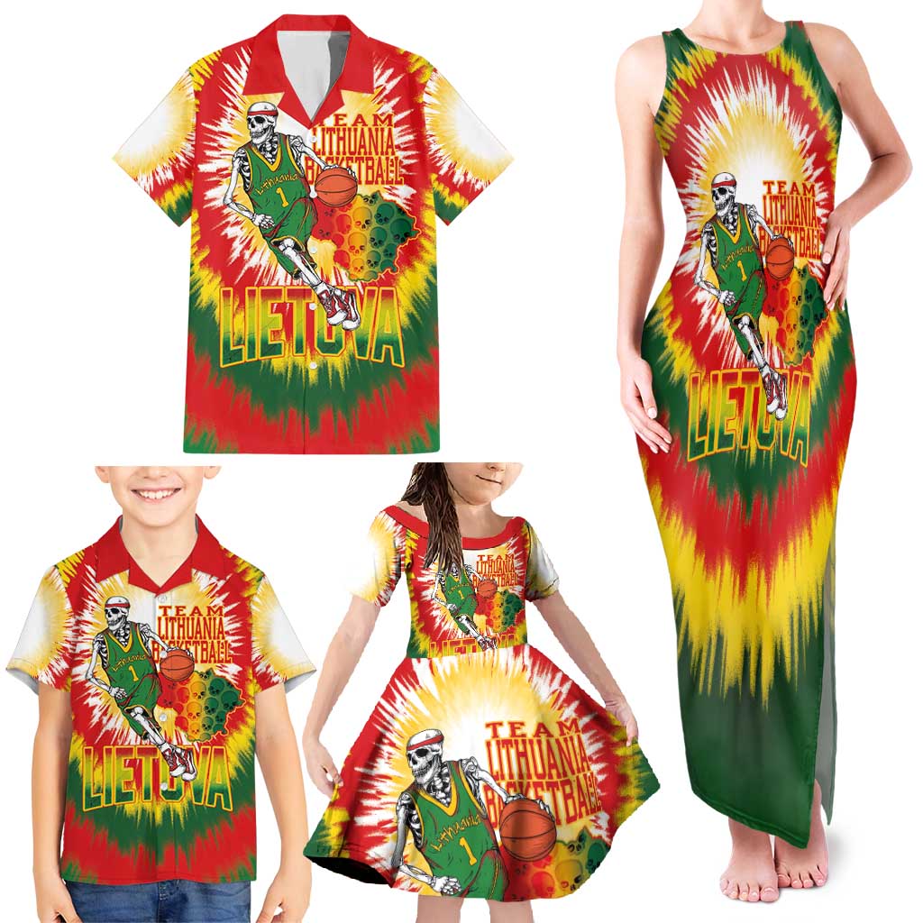 Custom Lithuania Basketball Family Matching Tank Maxi Dress and Hawaiian Shirt Champions Skeleton of The Baltic Tie Dye Style - Wonder Print Shop