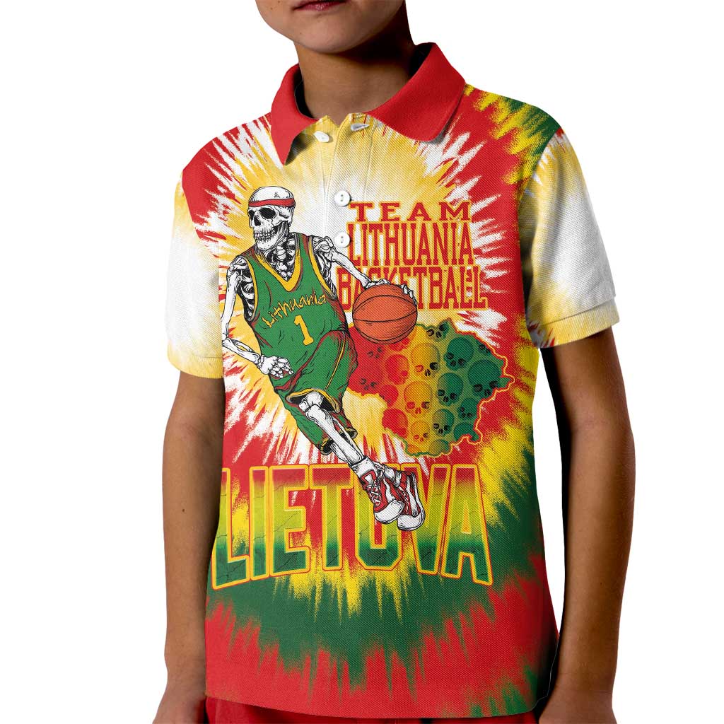 Custom Lithuania Basketball Kid Polo Shirt Champions Skeleton of The Baltic Tie Dye Style - Wonder Print Shop