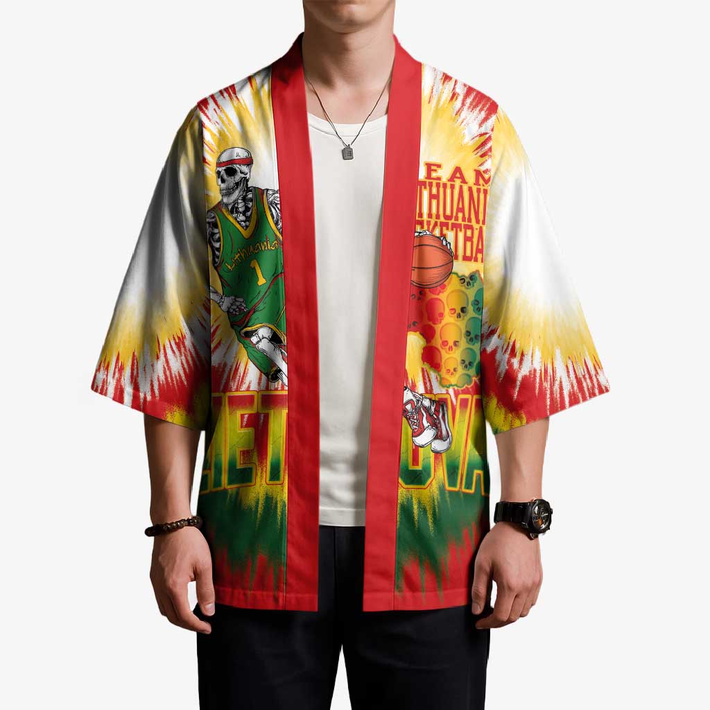 Custom Lithuania Basketball Kimono Champions Skeleton of The Baltic Tie Dye Style - Wonder Print Shop