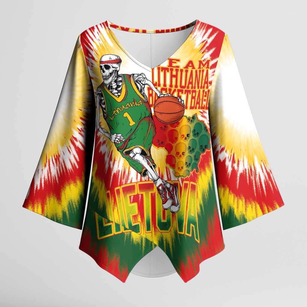 Custom Lithuania Basketball Kimono Sleeve Blouse Champions Skeleton of The Baltic Tie Dye Style - Wonder Print Shop