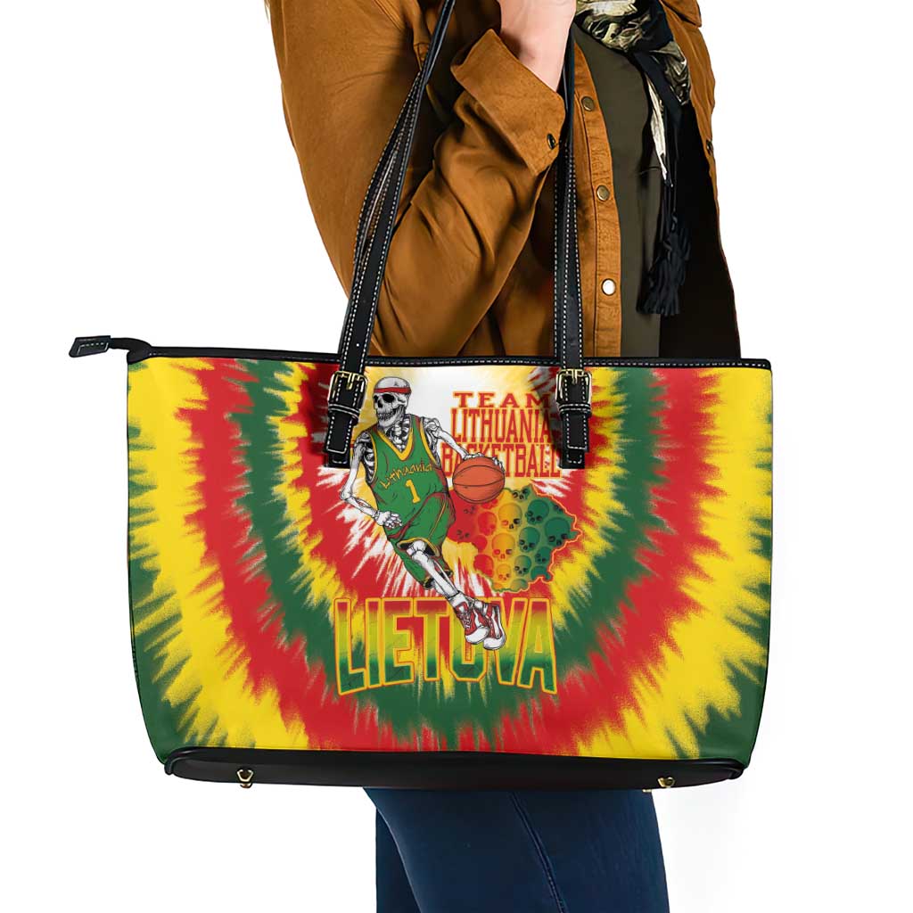 Lithuania Basketball Leather Tote Bag Champions Skeleton of The Baltic Tie Dye Style - Wonder Print Shop