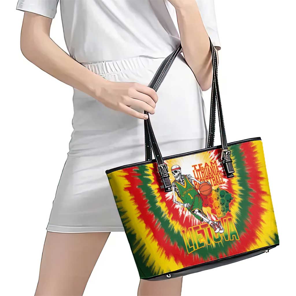 Lithuania Basketball Leather Tote Bag Champions Skeleton of The Baltic Tie Dye Style - Wonder Print Shop