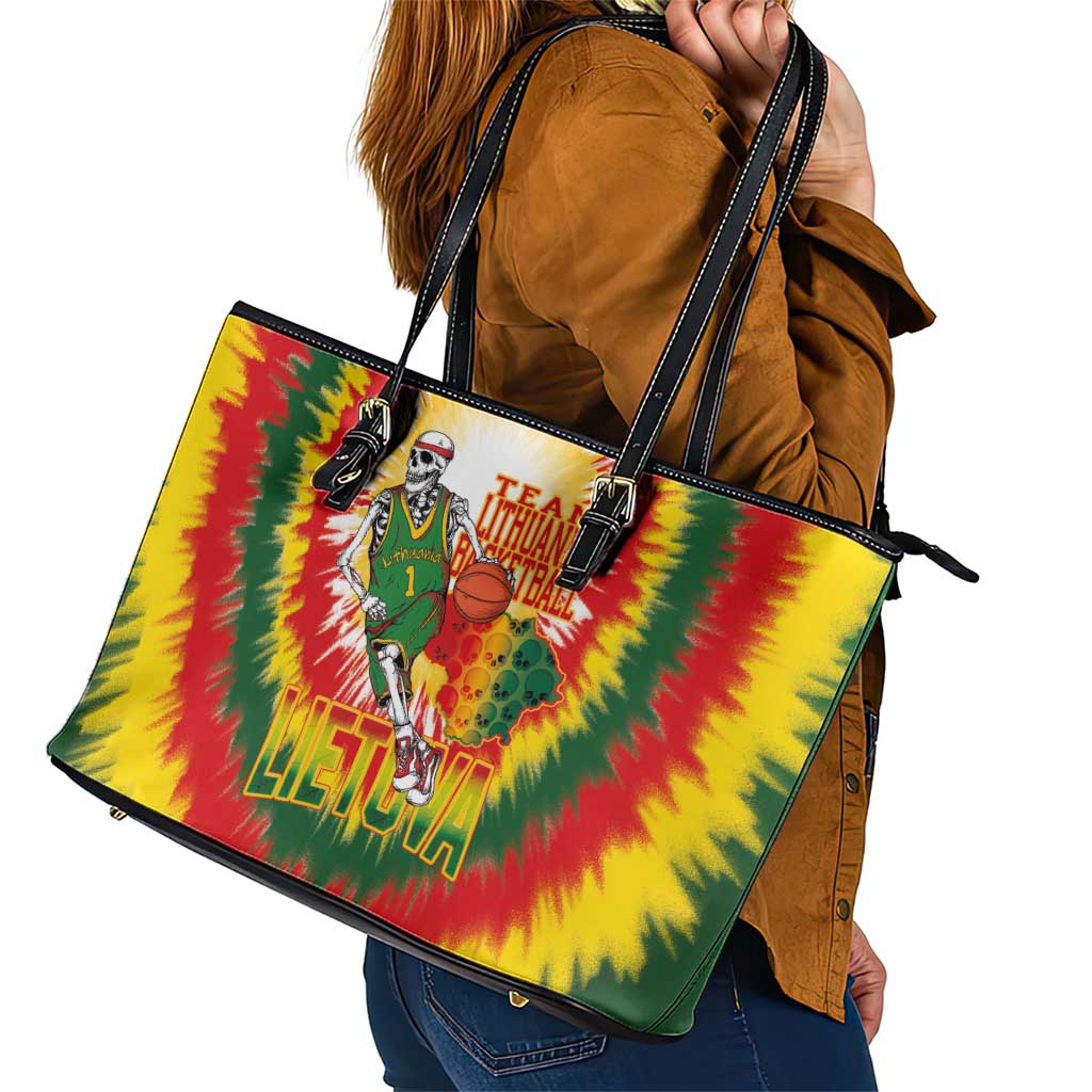 Lithuania Basketball Leather Tote Bag Champions Skeleton of The Baltic Tie Dye Style - Wonder Print Shop