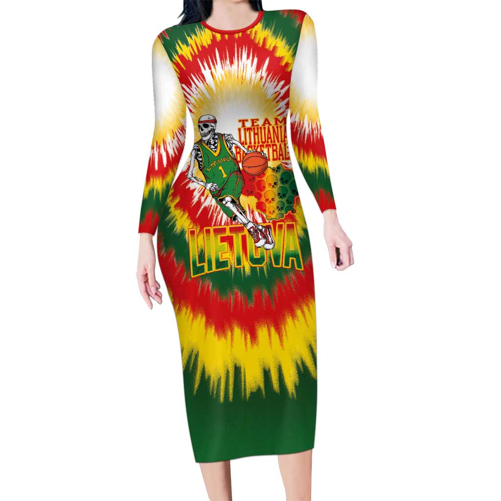 Custom Lithuania Basketball Long Sleeve Bodycon Dress Champions Skeleton of The Baltic Tie Dye Style - Wonder Print Shop