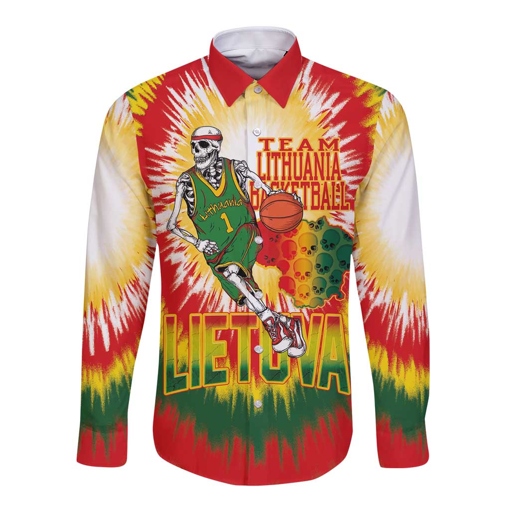 Custom Lithuania Basketball Long Sleeve Button Shirt Champions Skeleton of The Baltic Tie Dye Style - Wonder Print Shop