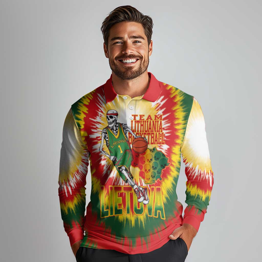 Custom Lithuania Basketball Long Sleeve Polo Shirt Champions Skeleton of The Baltic Tie Dye Style - Wonder Print Shop