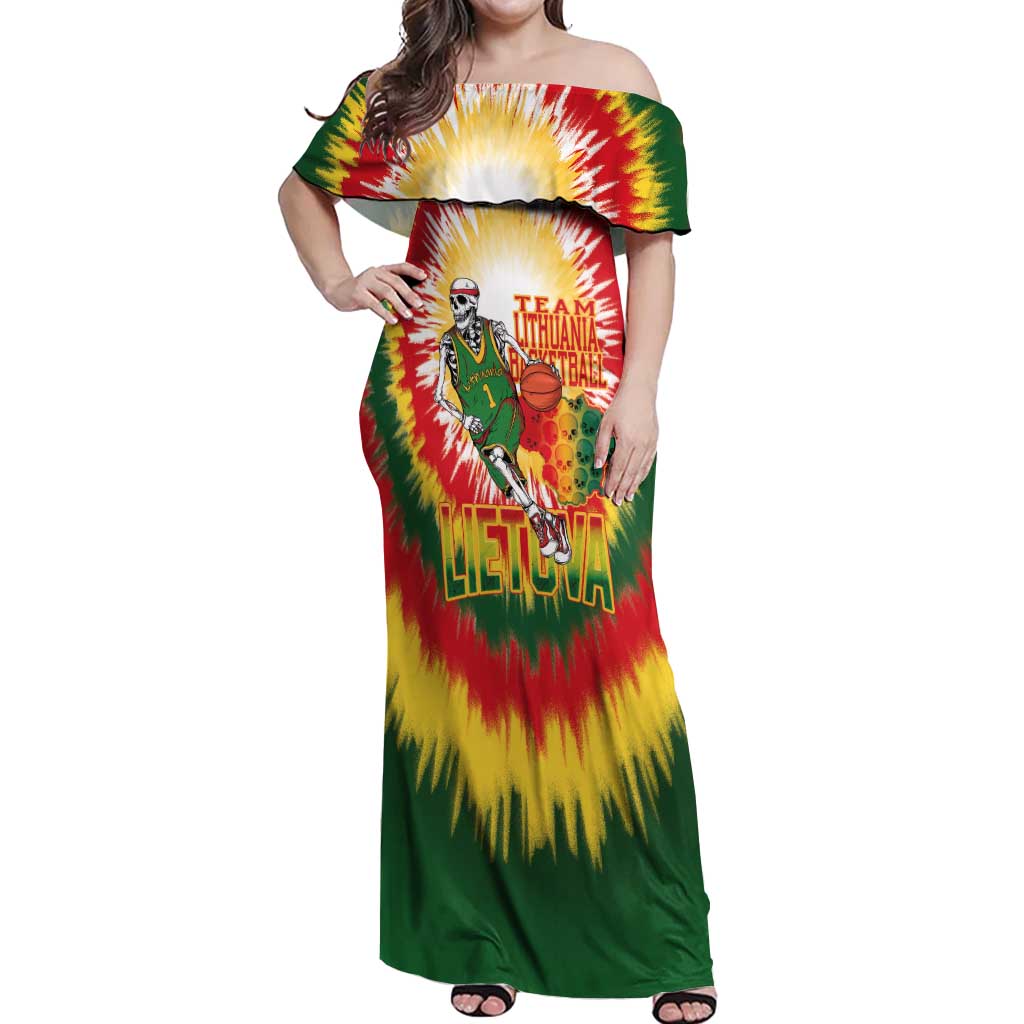 Custom Lithuania Basketball Off Shoulder Maxi Dress Champions Skeleton of The Baltic Tie Dye Style - Wonder Print Shop