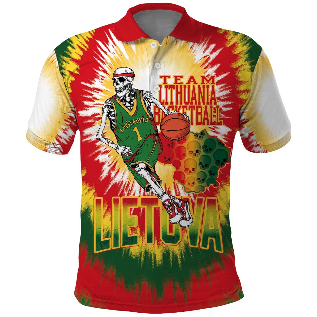 Custom Lithuania Basketball Polo Shirt Champions Skeleton of The Baltic Tie Dye Style - Wonder Print Shop