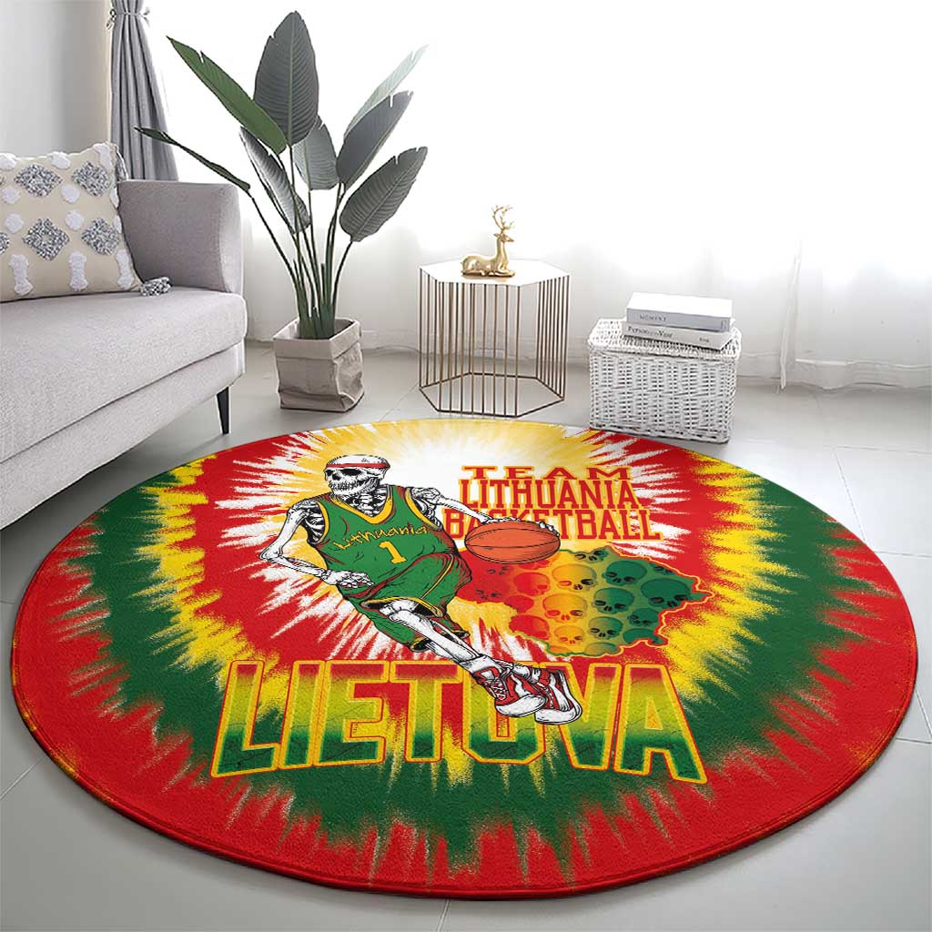 Lithuania Basketball Round Carpet Champions Skeleton of The Baltic Tie Dye Style - Wonder Print Shop