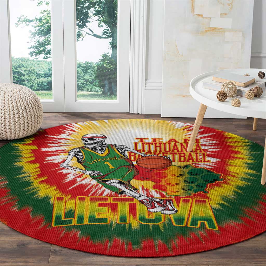 Lithuania Basketball Round Carpet Champions Skeleton of The Baltic Tie Dye Style - Wonder Print Shop