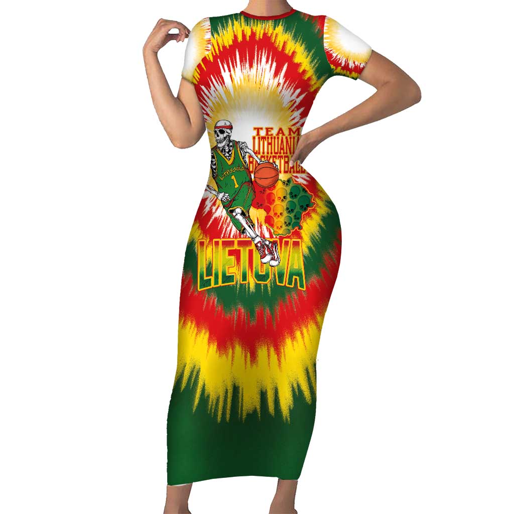Custom Lithuania Basketball Short Sleeve Bodycon Dress Champions Skeleton of The Baltic Tie Dye Style - Wonder Print Shop
