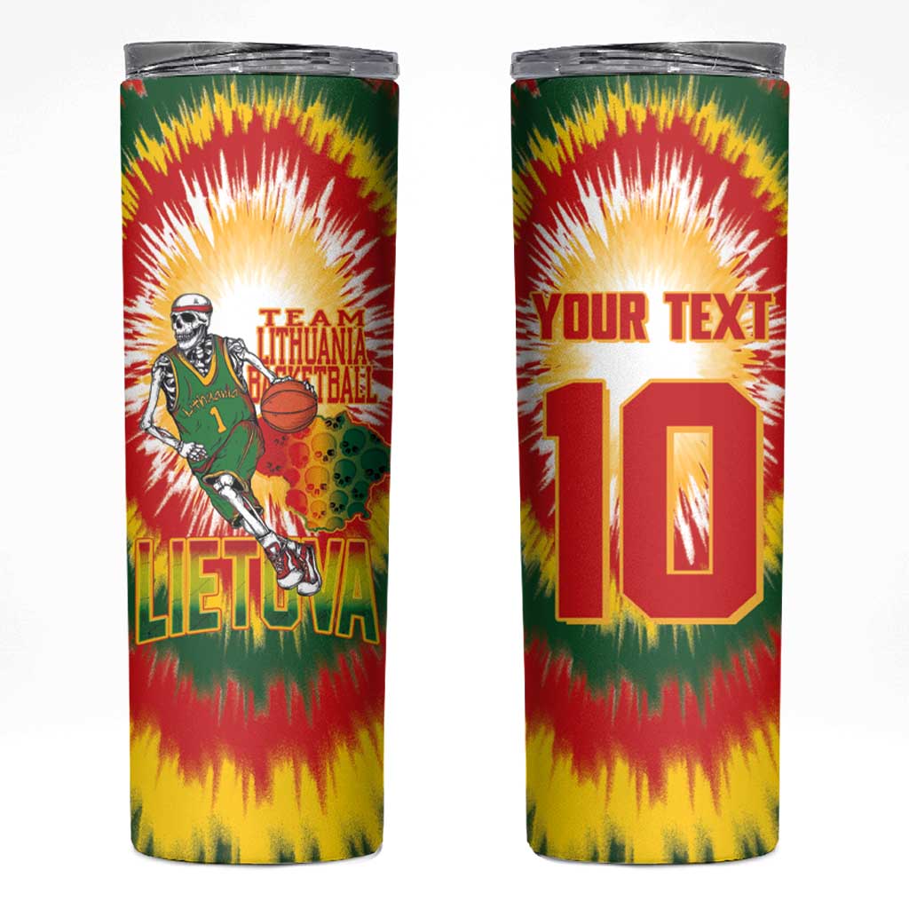Custom Lithuania Basketball Skinny Tumbler Champions Skeleton of The Baltic Tie Dye Style - Wonder Print Shop