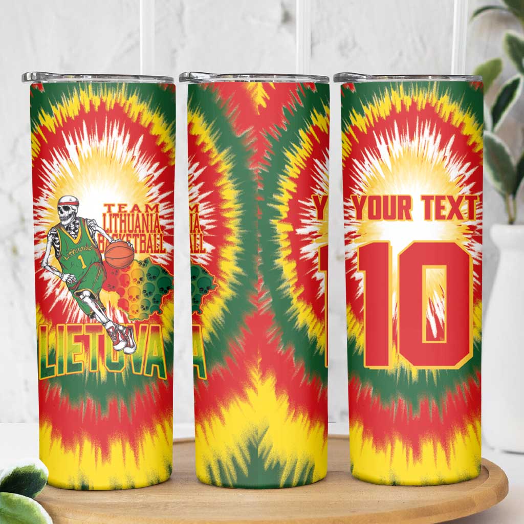 Custom Lithuania Basketball Skinny Tumbler Champions Skeleton of The Baltic Tie Dye Style - Wonder Print Shop