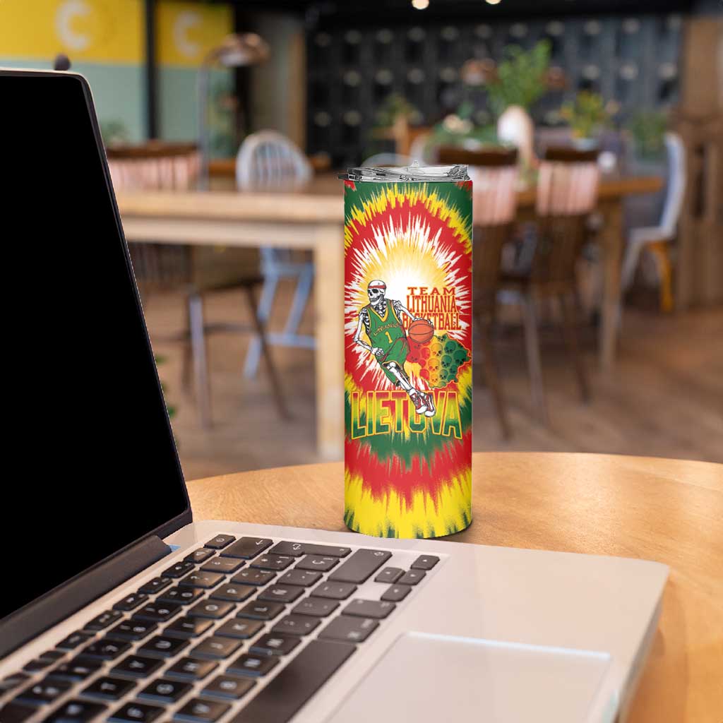 Custom Lithuania Basketball Skinny Tumbler Champions Skeleton of The Baltic Tie Dye Style - Wonder Print Shop