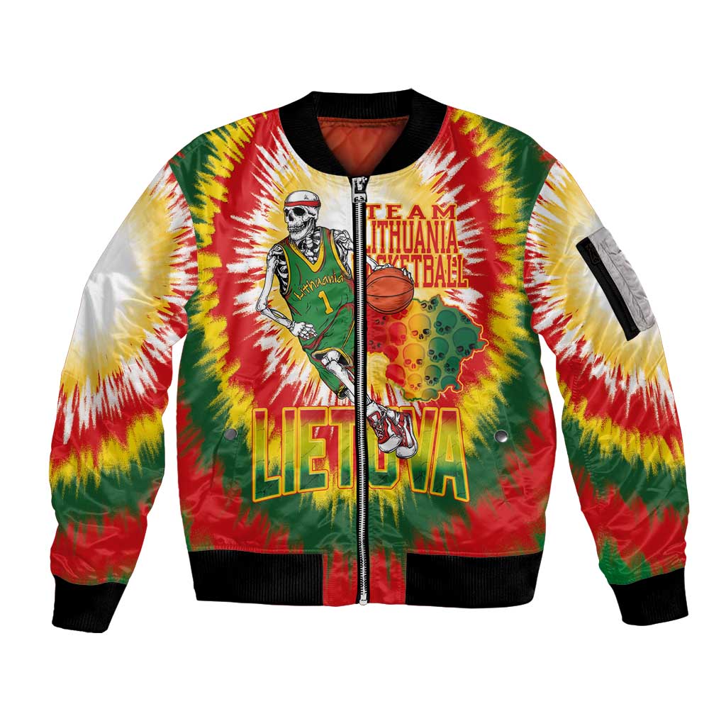 Custom Lithuania Basketball Sleeve Zip Bomber Jacket Champions Skeleton of The Baltic Tie Dye Style - Wonder Print Shop